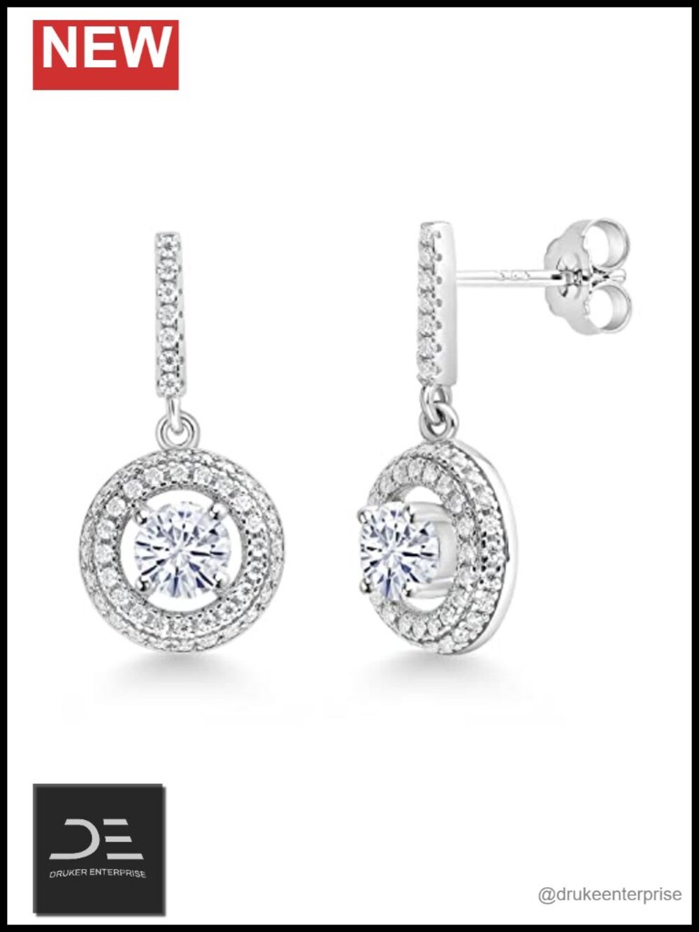 Sterling Silver Halo Drop Dangle Earrings with Gemstone and Moissanite